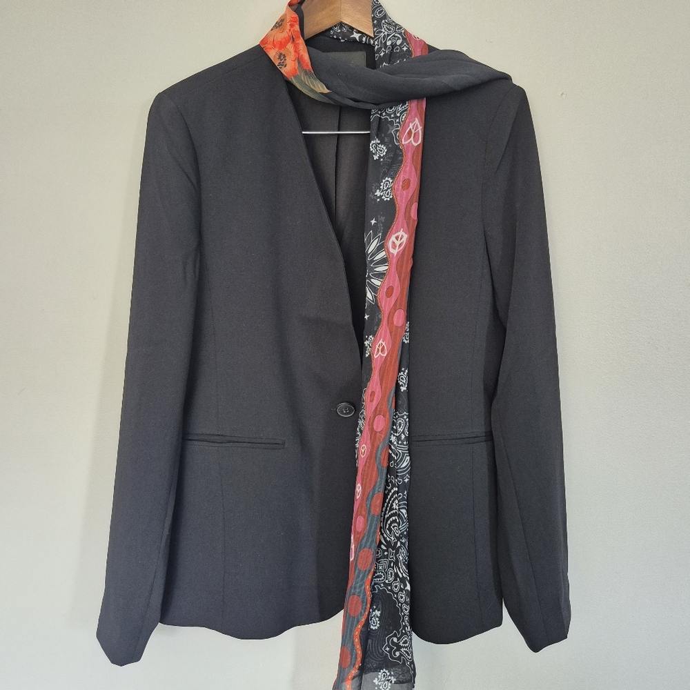 Desigual Academia Black Blazer Attached Scarf Size 42 US Large